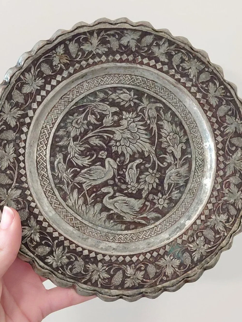 Vintage Persian Ghalamzani Plate with Cranes